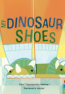 Book cover featuring an illustration of a child's legs and feet with dinosaur shoes on.