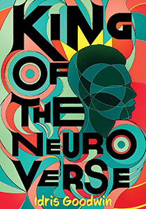 Book cover with an illustration of all different shapes that fit together in shades of green, yellow and red. The shapes create the words King of the Neuro Verse in bold black letters. They also create a black silhouette of a teen boy.