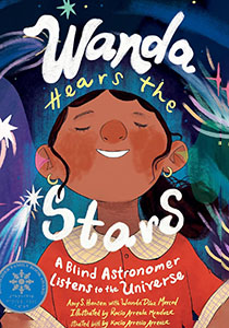 Book cover with an illustration of a young hispanic woman. She is smiling and tilting her head up to the sky. She is smiling. There is a night sky above her with stars, comets and different colors.