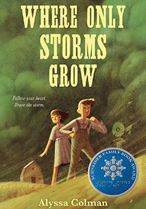 Book cover with an illustration of a brother and sister standing on their farmland with a storm billowing up behind them. This includes a huge, black and green cloud of dust blowing toward them.