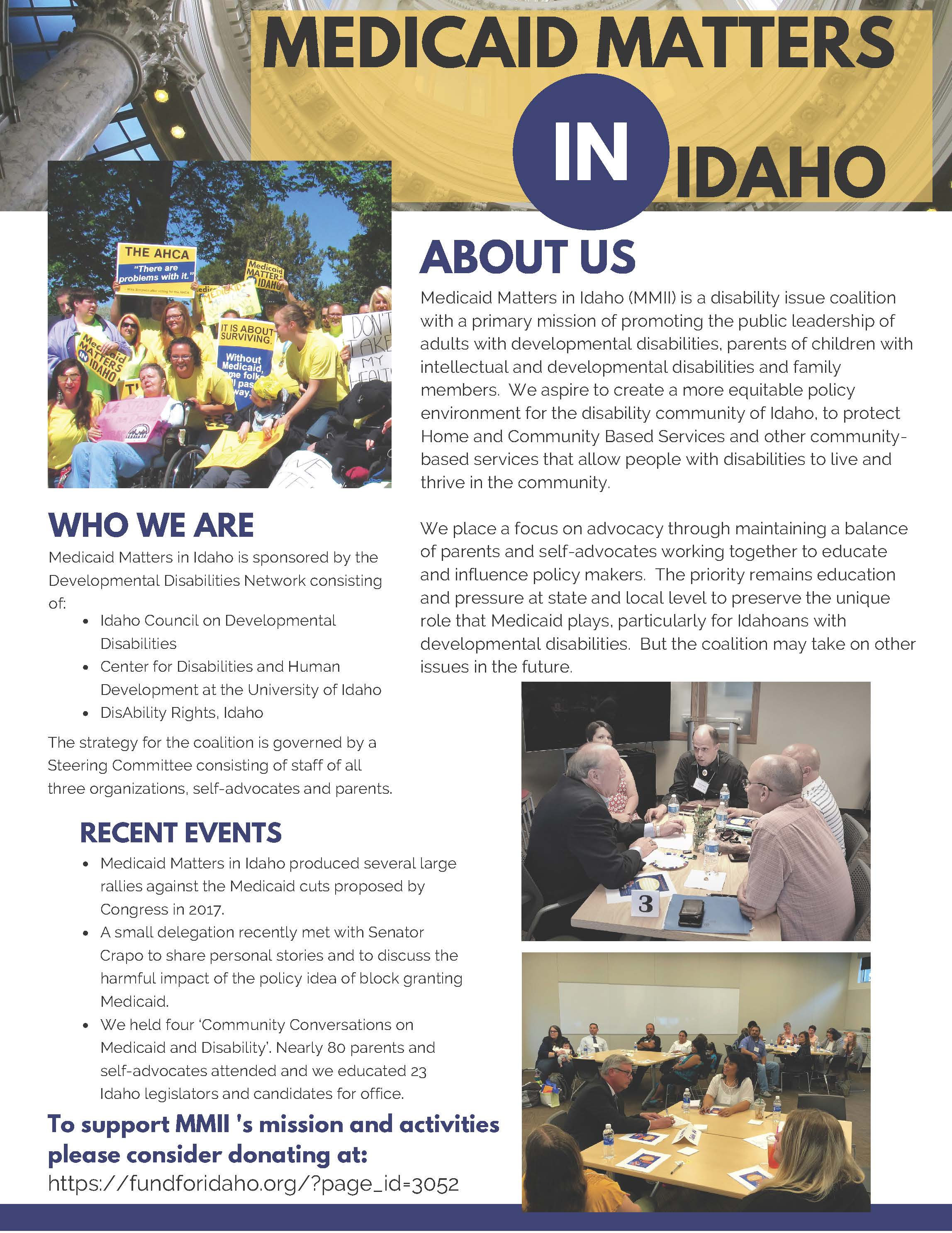Flier with information about the Medicaid Matters in Idaho disability advocacy coalition.