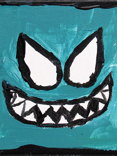A painting of a turquoise-colored face with large white eyes and a wide smile with sharp, white teeth.