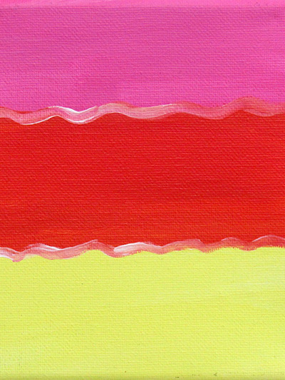 A painting with three thick stripes 
 in pink, red and yellow separated by faint white wavy lines.