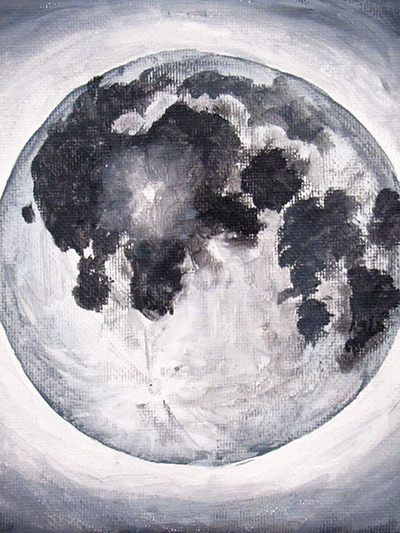 A painting of the moon depicted in black, grey and white tones completed by a participant.