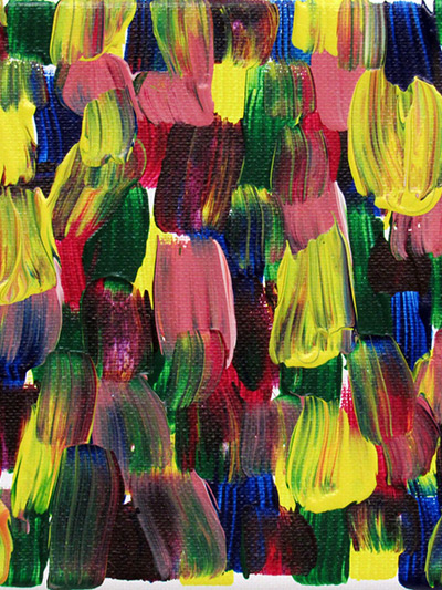 A painting of short, multicolor brushstrokes slightly overlapping each other. 
