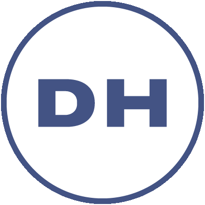 A white circle with a blue outline and bold, blue letters at the center. The letters are D and H.