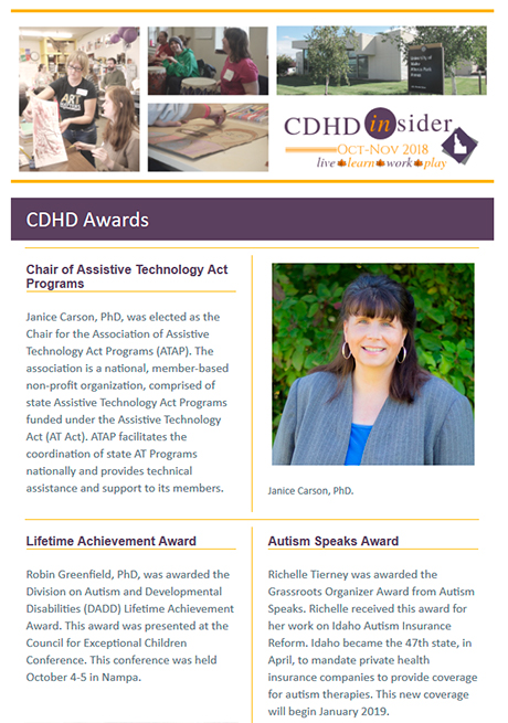 Cover page of October/November 2018 CDHD Insider Newsletter.