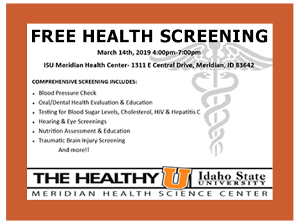 Attend the free March 14th community health screening at the ISU Meridian Health Center.
