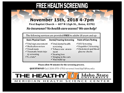 Attend the free November 15th community health screening in Boise at the First Baptist Church.