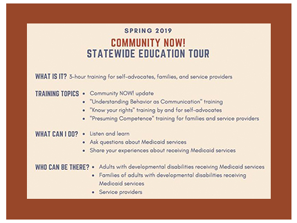 Announcement of Community Now training events held around the State of Idaho.