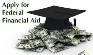 Graduation cap sittinf on a pile of money with the words: Apply for Federal Financial Aid.